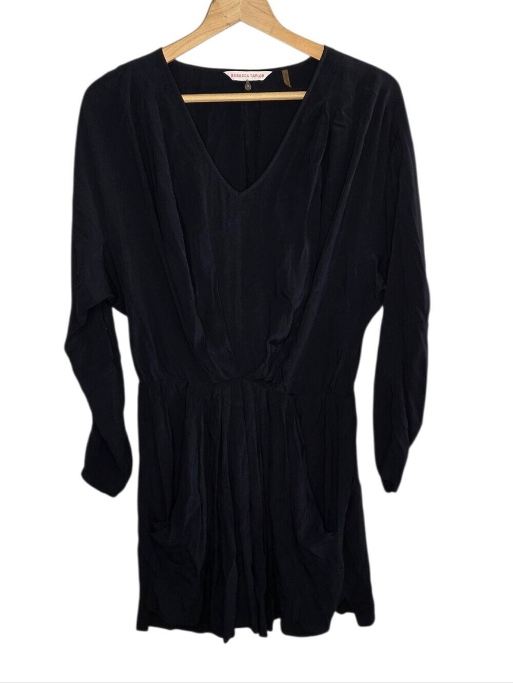Rebecca Taylor Black Long Sleeve Minimalist V-neck Dress Draped Pockets Size 6